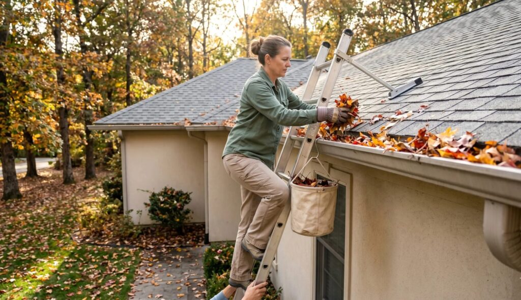 North-Georgia-homeowner-performing-fall-roof-maintenance-by-cleaning-out-gutters-scaled